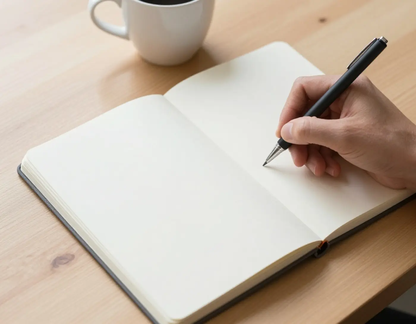 Brief créatif imprimé annoté au crayon sur un bureau, à côté d'un carnet de croquis