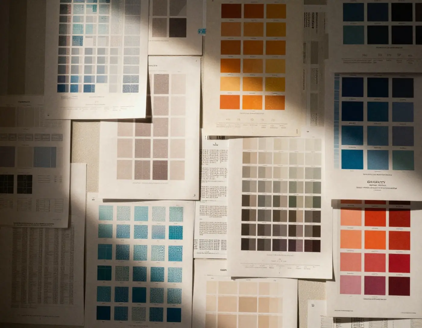 Affiches et imprimés de campagne disposés sur un mur d'atelier, épreuves de colorimétrie