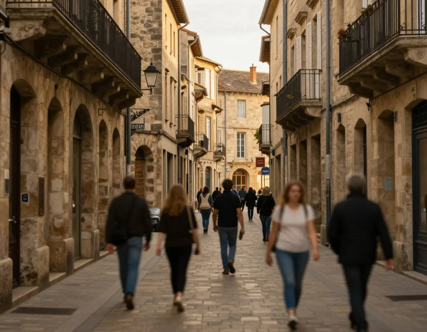 Devanture de commerce de proximité dans une rue animée, lumière du matin sur les vitrines