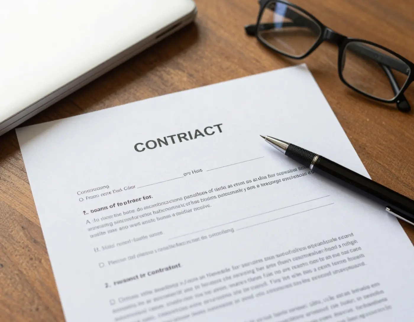 Contrat imprimé sur un bureau avec un stylo, lunettes et dossier de projet fermé