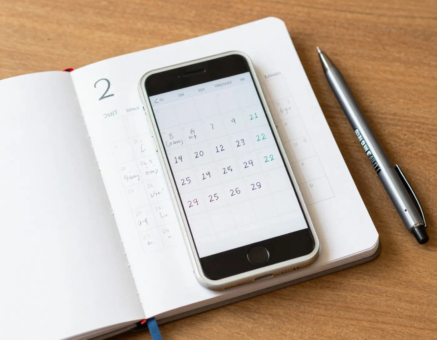 Smartphone posé sur un carnet, calendrier éditorial manuscrit et stylos de couleur
