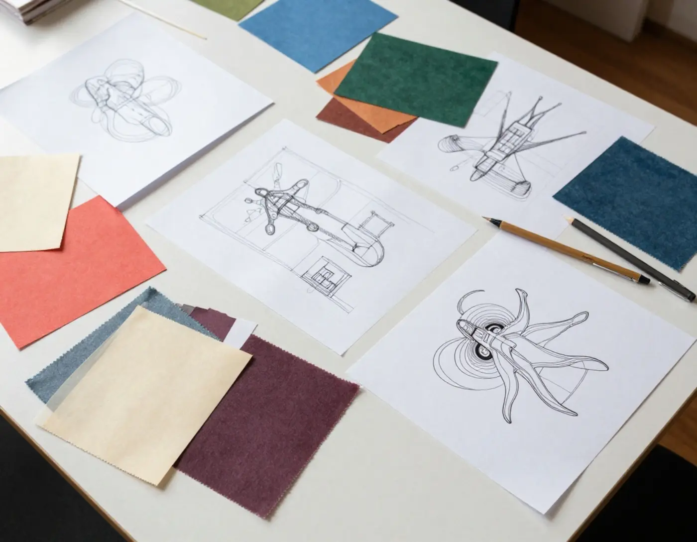 Planches de recherche graphique et échantillons de couleurs disposés sur une table de création